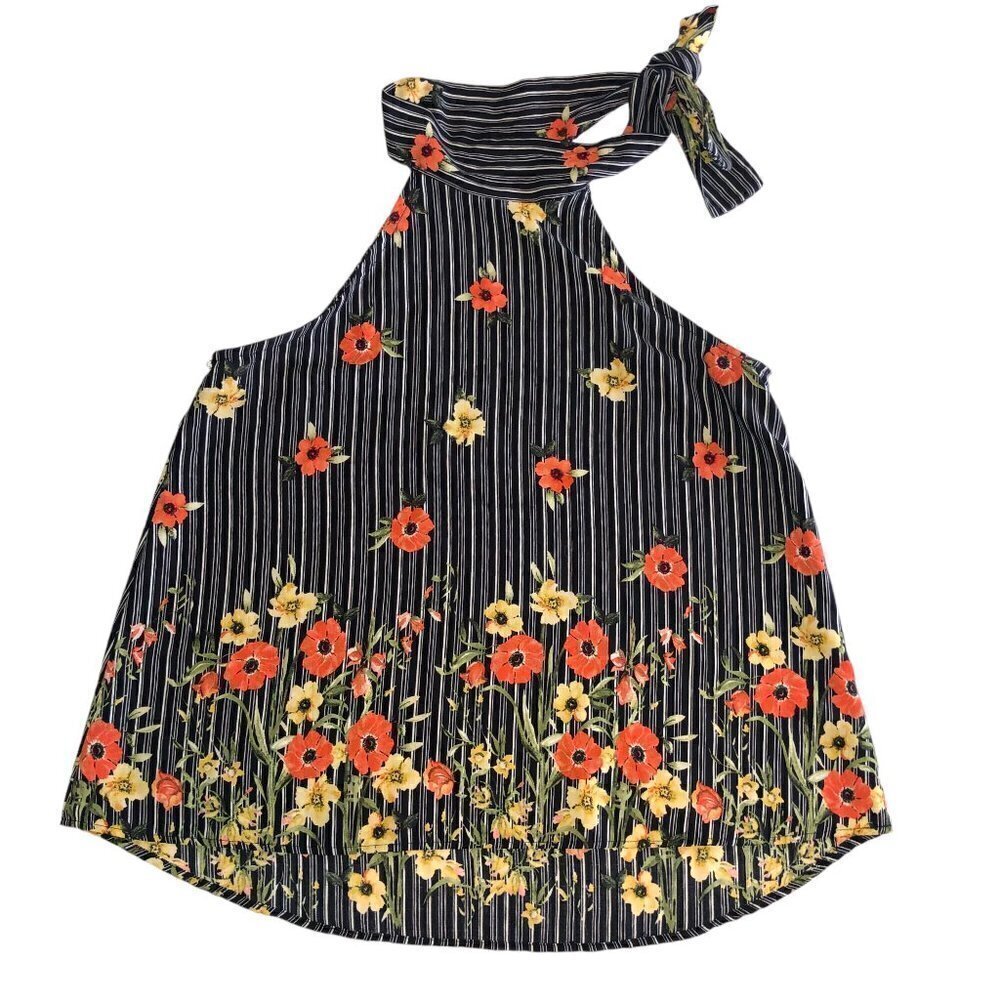 Kaii Sleeveless Tank Tie Neck Black Orange Yellow Floral Top Women's Size M